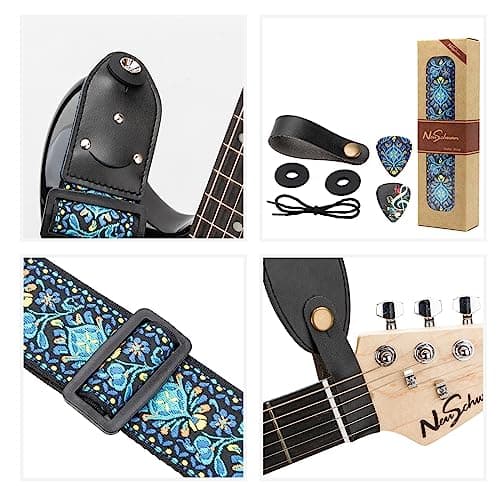 Genuine Leather Electric/Acoustic Guitar Bass Strap, Blue, with Pick Holder & Locks