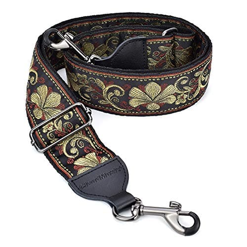 Banjo Strap Guitar Strap with Leather Ends and Metal Clips (Flowers) — Vintage Golden Metallic Petal