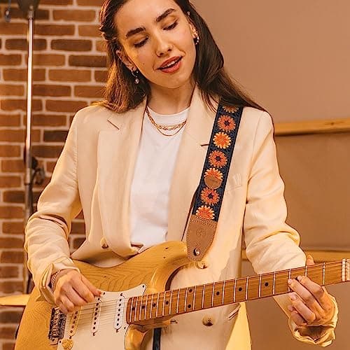 Floral Cotton Guitar Strap 2" Full Grain Leather Ends, Bass/Electric/Acoustic, Free Button & Picks