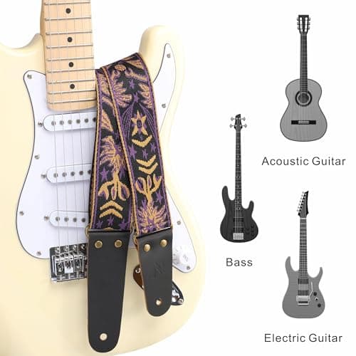 Embroidered Leather Guitar Strap with Hidden Pocket for Electric, Acoustic, and Bass Guitars