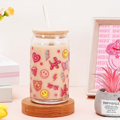 Preppy Glass Beer Can Glasses Set for Iced Coffee and Cocktails- 16oz with Accessories