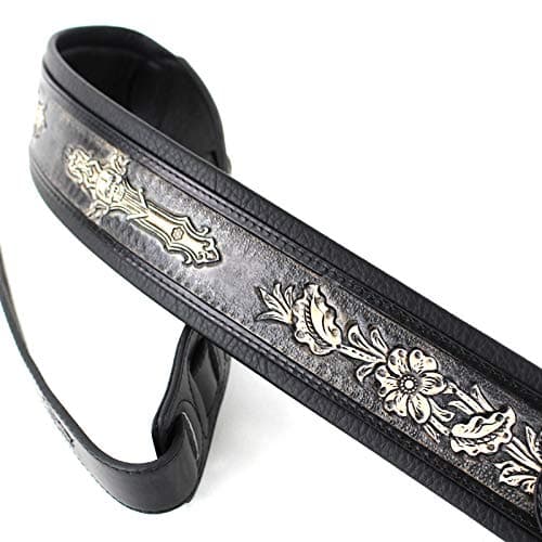 Walker and Williams KB-02-BLK Distressed Black Floral Skull Leather Guitar Strap