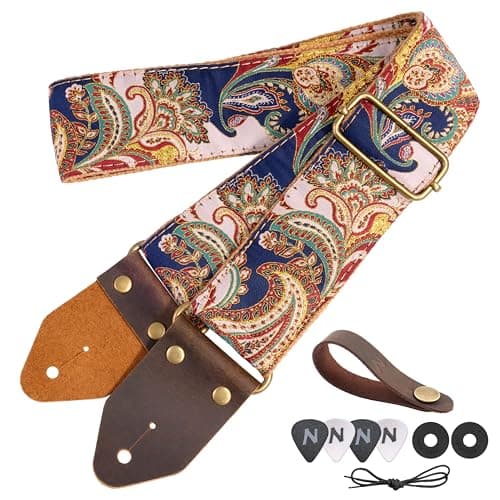 Red Gold Embroidery Nefelibata Jacquard Guitar Strap for Bass, Electric & Acoustic — H#-golden Silk Dark Blue Flower