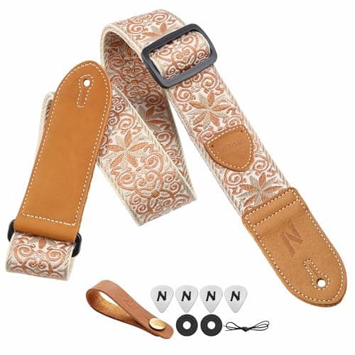 Nefelibata Vintage Woven Guitar Strap, Double Leather Ends, Vintage Blue Gold Embroidery-Free Bonusurities — A#-vintage Khaki Yellow Embroidery