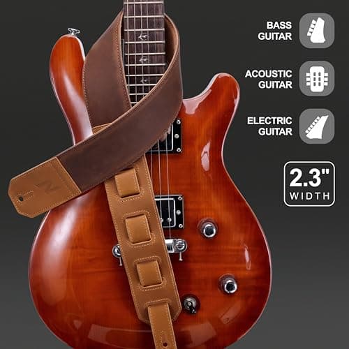 Nefelibata Full-Grain Leather Guitar Strap, 2.3" Wide, Soft Padded (Brown)