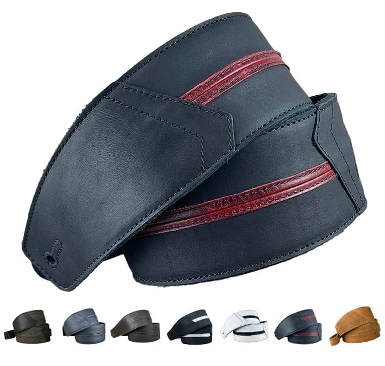 Original Straight Up Full Grain Padded Leather Guitar Strap — Carbon Black W/ Red Stripe