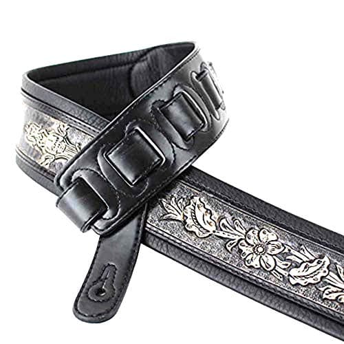 Walker and Williams KB-02-BLK Distressed Black Floral Skull Leather Guitar Strap