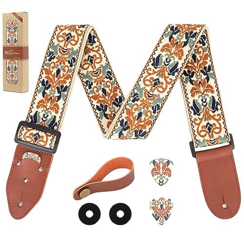 Genuine Leather Electric/Acoustic Guitar Bass Strap, Blue, with Pick Holder & Locks — Vintage Golden Jacquard