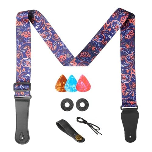 AZOR Vintage Woven Guitar Strap for Acoustic Electric Bass, Adjustable with Leather Ends & Strap Locks — Purple Printed