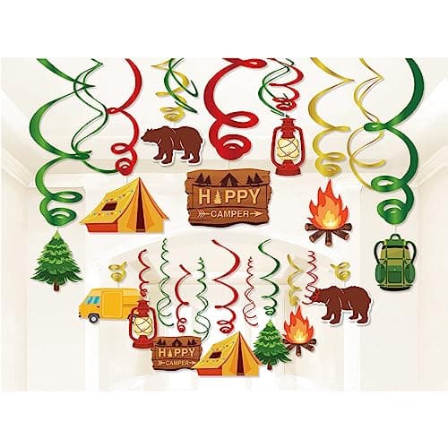 30CT Camping Swirl Party Decorations, Happy Camper Foil Swirls for birthdays & baby showers