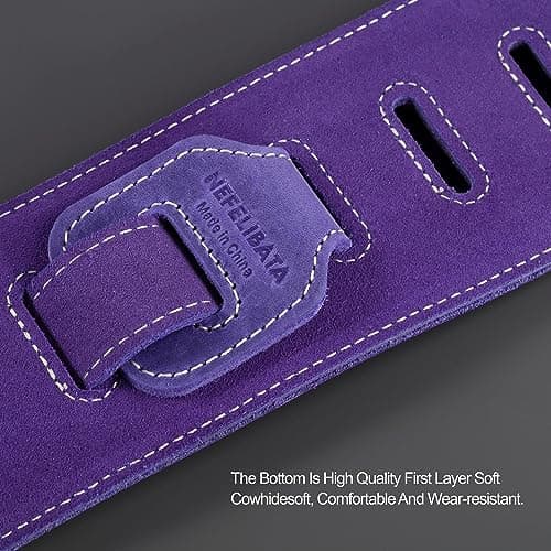 3 Guitar Strap in First Layer Leather with Foam Padding and Cable Storage Loops for Bass, Electric and Acoustic Guitars
