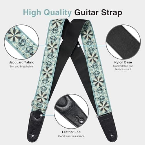 Adjustable 2 Wide Jacquard Embroidery Cotton Guitar Strap with Leather Ends - Includes Locks & Picks