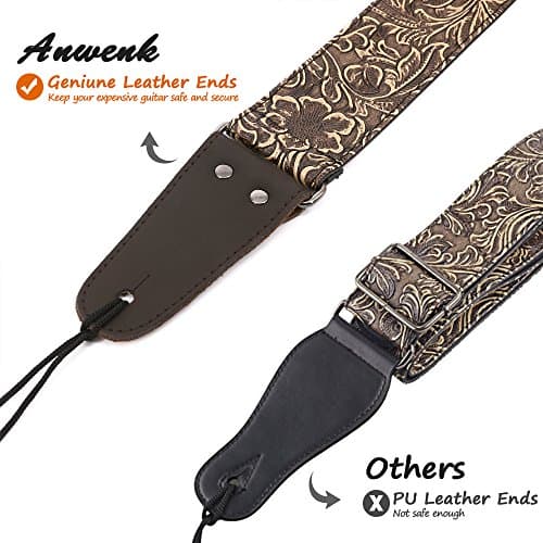 Anwenk Stamped Leather Guitar Strap for Electric Bass, Vintage 60's Style, Genuine Leather Ends, Includes 2 Picks