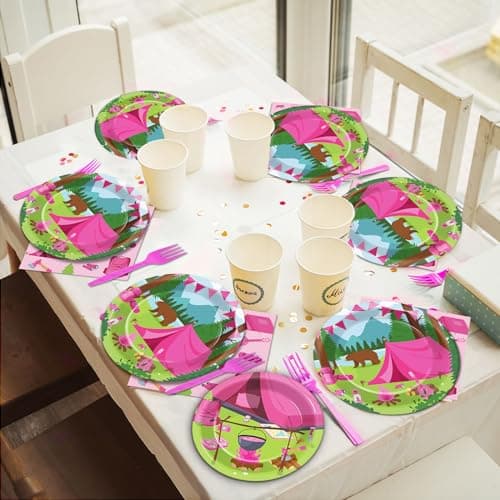 Pink Camping Party Supplies for 24 Guests - 96Pcs