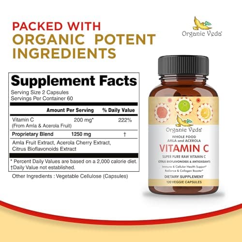 Veda Superfruits Vitamin C Capsules - Acerola Cherry & Amla Berry, 120 Vegan Pills for Immunity & Skin Health