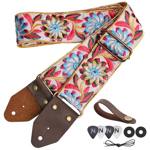 Nefelibata Golden Jacquard Embroidery Guitar Strap for Bass, Electric & Acoustic Guitars - Best Gift for Kids — I#-retro White Daisy