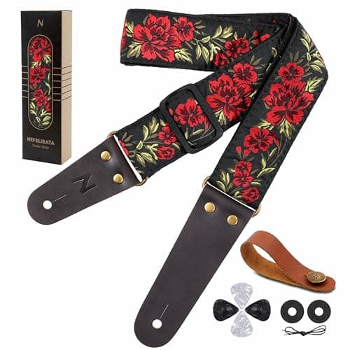 Nefelibata Embroidered Cotton Guitar Strap with Cowhide Ends (Saffron) — Red Rose