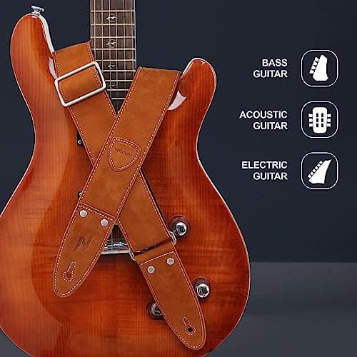 Nefelibata Guitar Strap: Full Grain Leather, 2 Width, with Pick Pocket - for Bass, Electric & Acoustic Guitar (Coffee Brown)