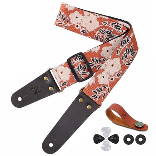 Nefelibata Guitar Strap with Hidden Pocket for Bass, Electric, and Acoustic Guitars — Beige Flower