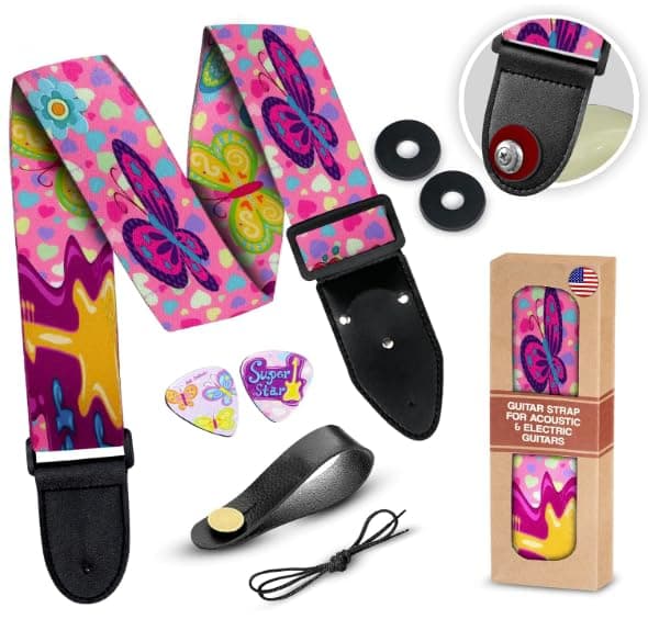 Van Gogh Sunflowers Guitar Strap Bundle with 2 Locks & Picks — Butterfly Pink
