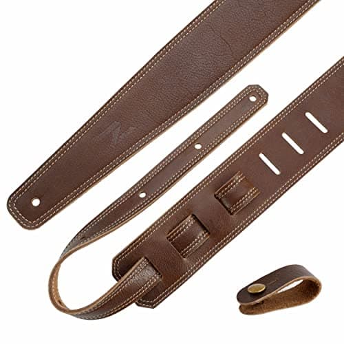 Vintage Brown Leather Guitar Strap with Foam Padding and Cable Storage Loop for Kids, Men, and Women