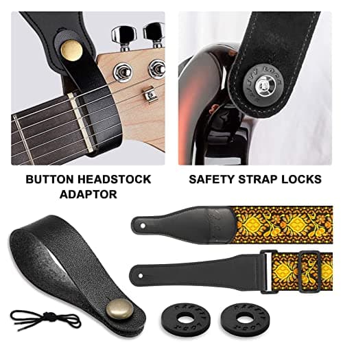 Jacquard Embroidered Cotton Guitar Strap with Genuine Leather Ends for Bass, Acoustic, and Electric Guitars
| Genuine Leather Ends Jacquard Embroidered Cotton Guitar Strap for Bass, Acoustic, and Electric Guitars
| Jacquard Embroidered Cotton and Ge