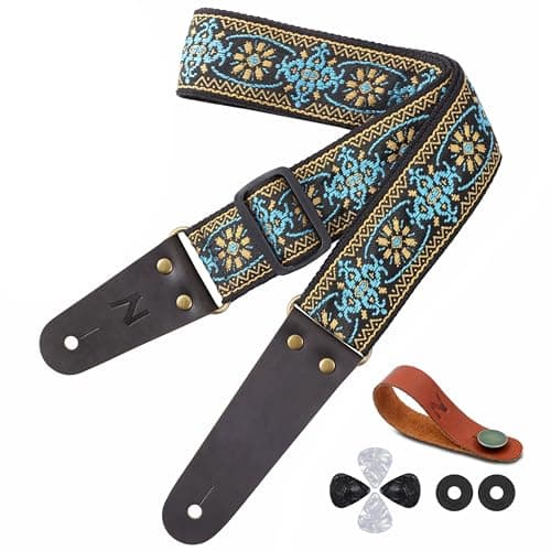 Nefelibata Guitar Strap with Hidden Pocket for Bass, Electric, and Acoustic Guitars — Dark Blue Lantern Flower
