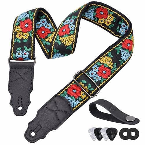 Head Layer Cowhide Leather Guitar Strap, 2" Wide, 2 Locks, 4 Picks Included — Red Flowers