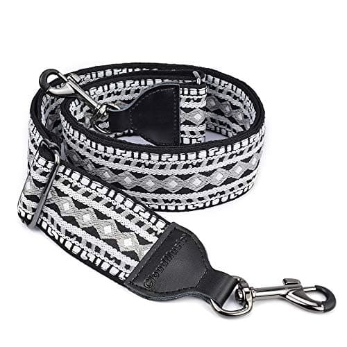 Banjo Strap Guitar Strap with Leather Ends and Metal Clips (Flowers) — Black and White