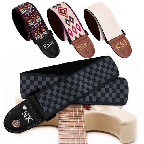 Black Silver Classic Woven Guitar Strap with Pick + Lock + Button - Add Your Text — Custom Black Checkers
