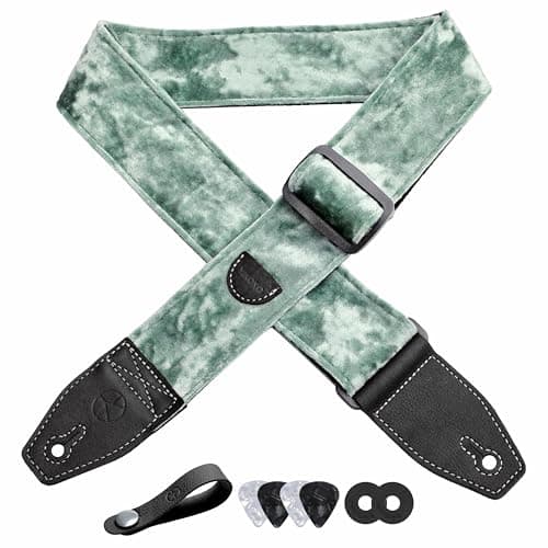 2 Inch Velvet Guitar Strap with Full Grain Leather Ends - Bass, Electric & Acoustic Compatible — Light Green