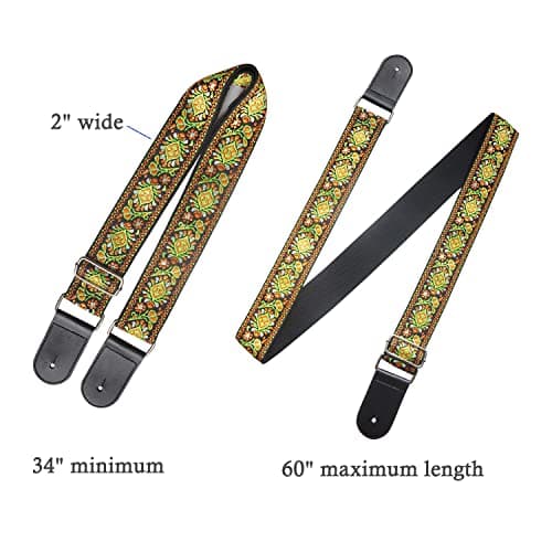 Yellow Flower Jacquard Weave Acoustic Bass Guitar Strap with 2 Locks + 3 Picks