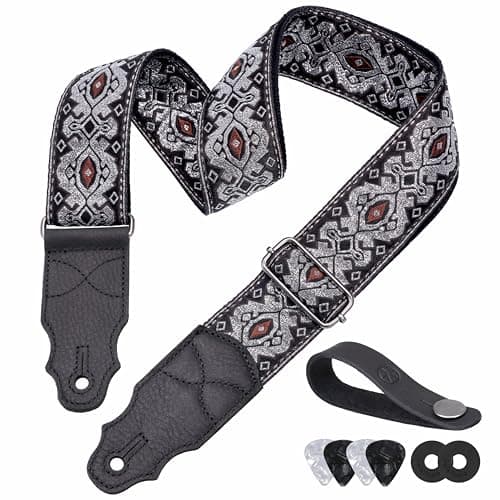 Head Layer Cowhide Leather Guitar Strap, 2" Wide, 2 Locks, 4 Picks Included — Brown Gemstone