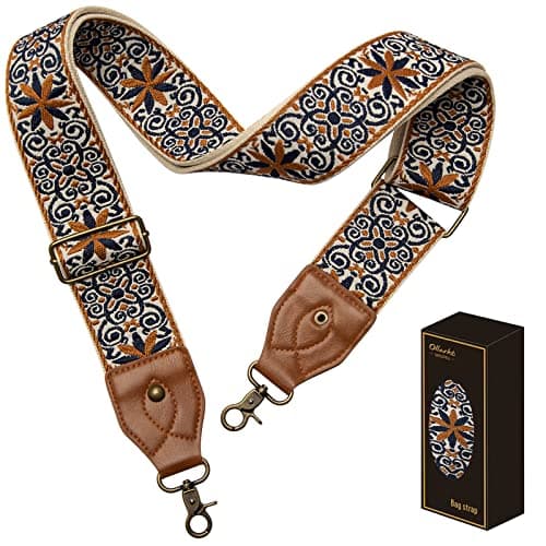 OllarKt 2" Wide Adjustable Leather Bag Strap — Vintage Blue Flower