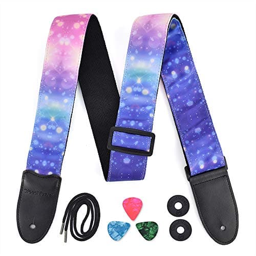 Vintage Classical Pattern CloudMusic Guitar Strap with Leather Ends — Pink Purple Starry Night