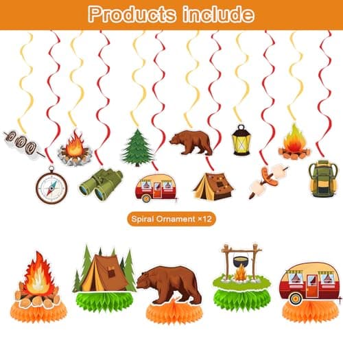 Happy Camper Birthday Party Decorations: Banner, Campfire Swirls, Honeycomb Centerpiece