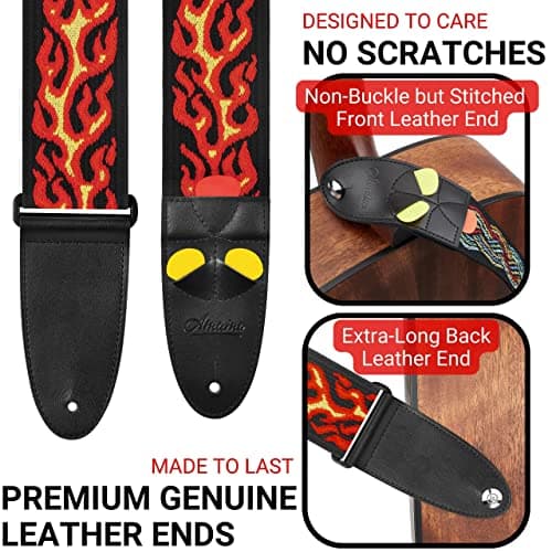 Amumu Red Flame Jacquard Guitar Strap for Acoustic, Electric & Bass