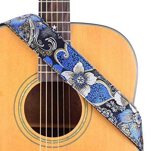 Vintage Classical Pattern CloudMusic Guitar Strap with Leather Ends — Flowers in Blue