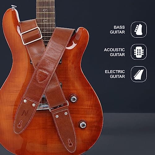 Full Grain Leather Guitar Strap with Pick Pocket for Bass, Electric & Acoustic Guitar