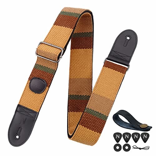 Nefelibata Guitar Strap with Pick Pocket for Bass, Electric, and Acoustic Guitars — Brown Stripes