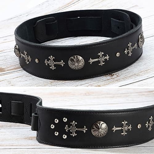 Nefelibata Leather Guitar Strap with Foam Padding and Cross Silver Rivets