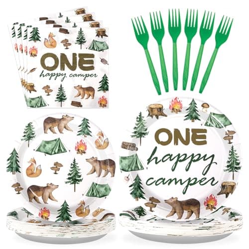 One Happy Camper Camping Birthday Party Decor & Tableware Set