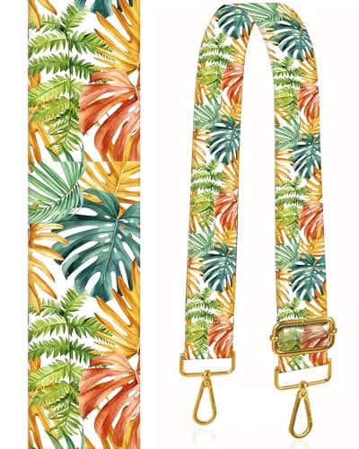 BeauBeast 2" Wide Adjustable Gold Buckle Crossbody Bag Strap — Tropical Leaf