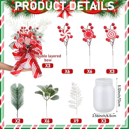 Christmas Mason Jars Decor Set with Peppermint Candy and Faux Plants for Holiday Table Centerpiece