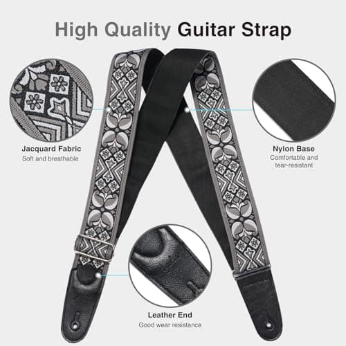 Adjustable Bass Guitar Strap with Jacquard Embroidery for Bassists, Fits Most Bass Guitars, Adjustable Locking Buckles & Picks Included
| High-Quality 2" Wide Jacquard Embroidery Cotton Bass Strap, Adjustable Leather Ends with Strap Locks & Picks, P