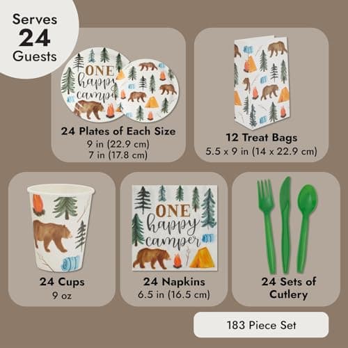 BLUE PANDA Camping-Themed Birthday Decor & Dinnerware for Kids (Serves 24)