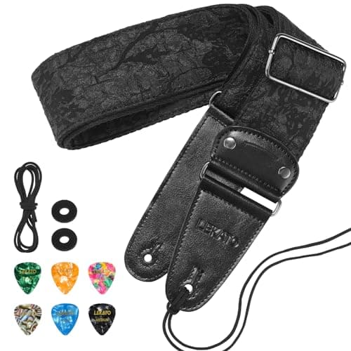 LEKATO Anaglyph Embossed Floral Pattern Guitar Straps, Black 2.5" Wide