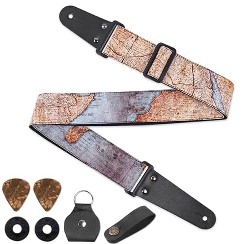 QIELIZI Adjustable Guitar Strap with 2 Locks, 2 Picks, Pick Holder & Leather Button — 1-vintage Map2