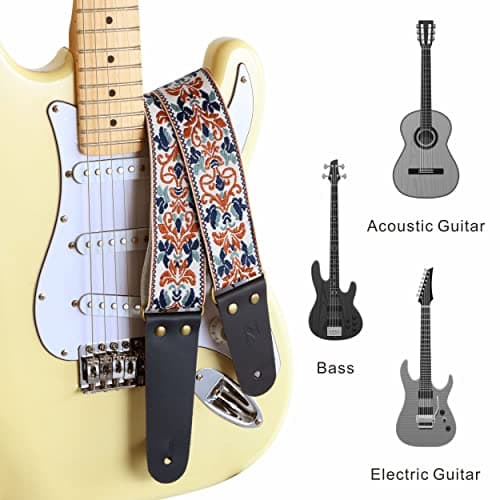 Embroidered Guitar Strap with Leather Ends & Pocket, for Bass & Electric Guitars