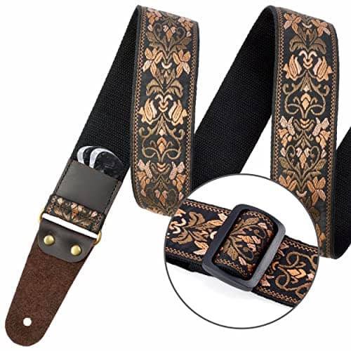 Nefelibata 2" Jacquard Embroidery Guitar Strap, Full Grain Leather Ends, Hidden Pocket, Bass, Electric & Acoustic Guitar